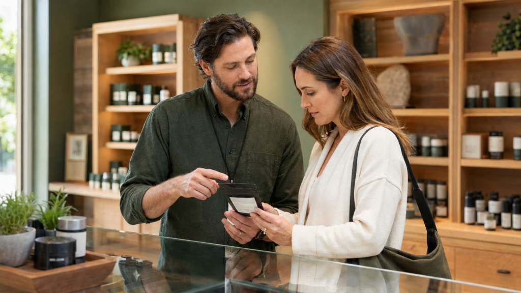Adult shopper reading a Massachusetts cannabis label in Lenox