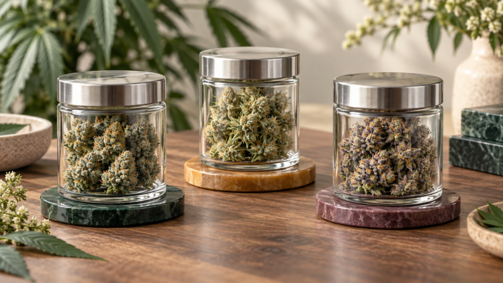 Indica vs sativa vs hybrid flower in three sealed unbranded jars