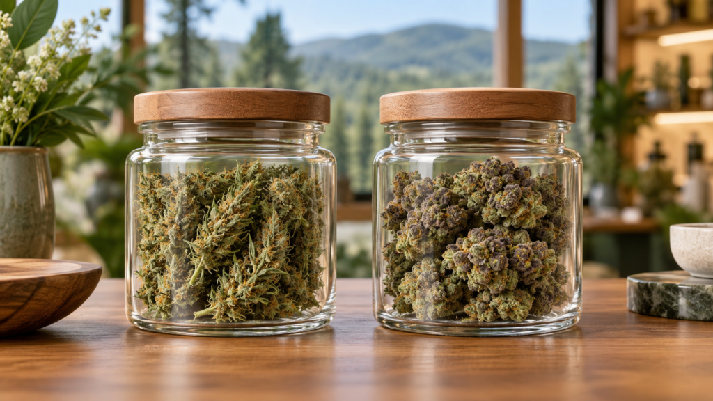 Difference between indica and sativa shown through two mature cannabis plant shapes