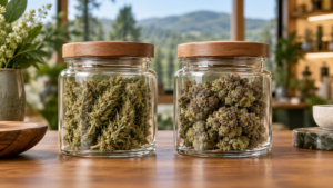 Difference between indica and sativa shown through two mature cannabis plant shapes