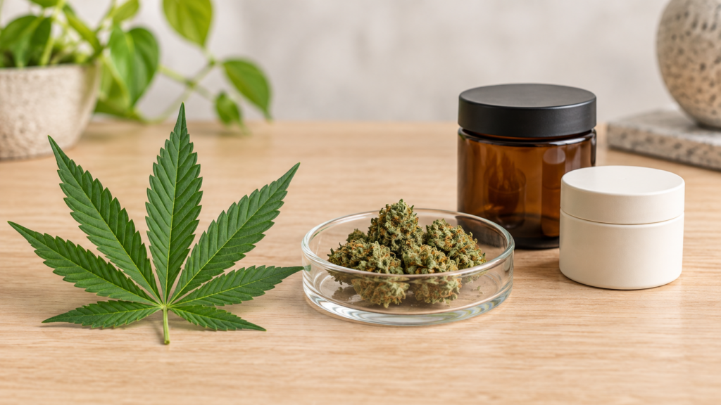 What is cannabis guide with flower and plant leaves