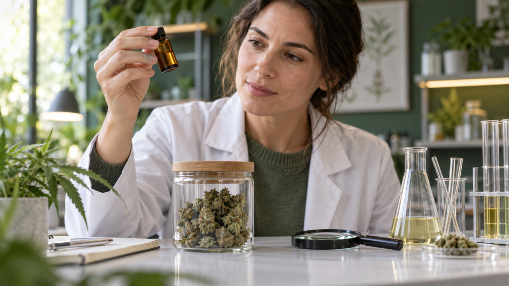 What is CBN cannabis guide with sealed product and lab-style molecule display